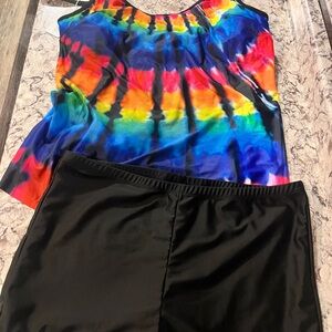 Plus sized Vibrant Rainbow Tie-Dye Swim Tankini Top with Black Swim Bottoms